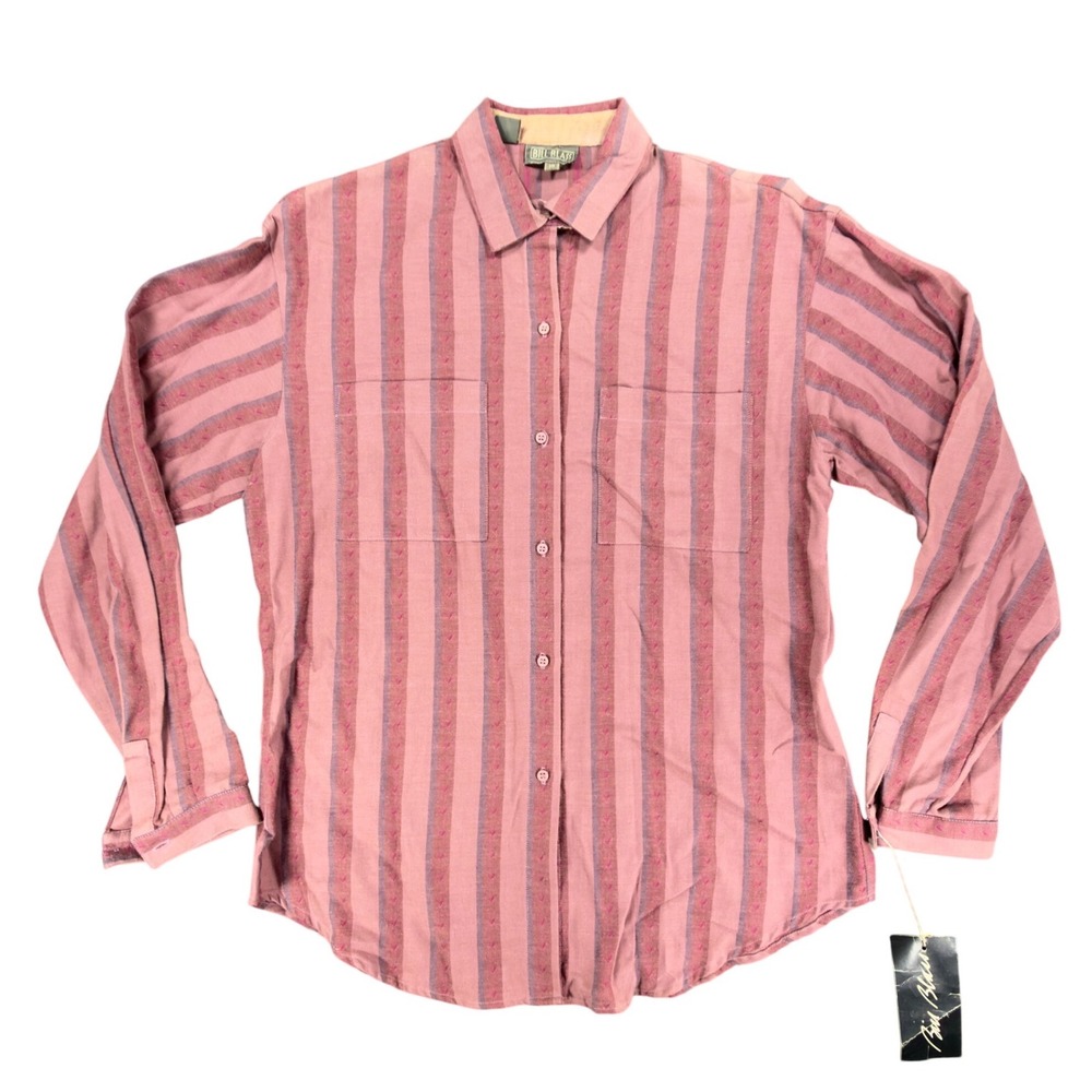 Bill Blass Vintage 80s Striped Button Down Shirt Womens 10 Fuchsia Cotton NWT